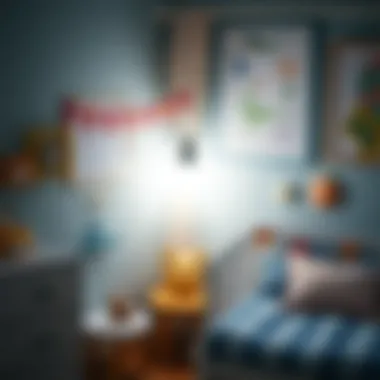 A nursery scene featuring a whimsical battery operated night light illuminating a child's room