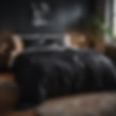 Stylish bedroom showcasing a black full blanket on a neatly made bed