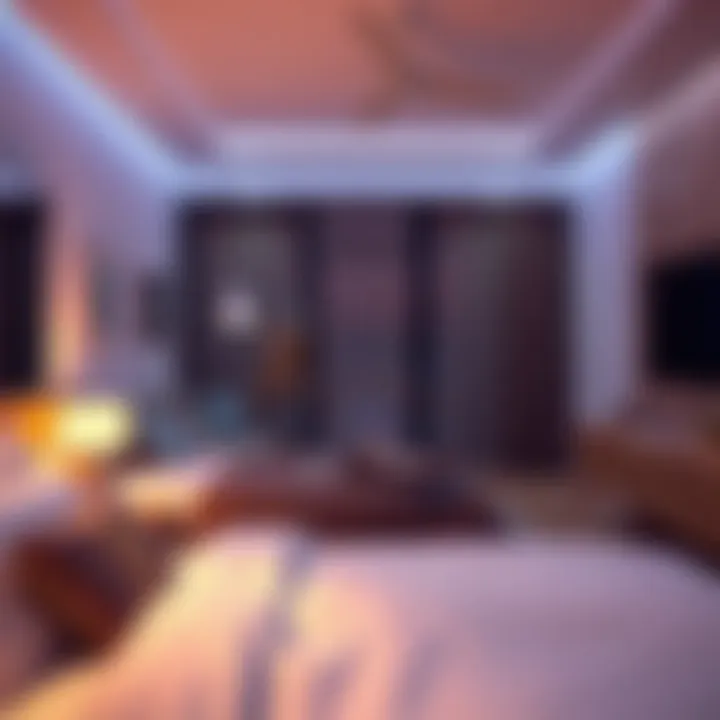 Warm ambience created by soft color changing lights in a modern bedroom