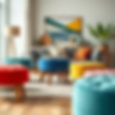 Colorful upholstered stools arranged in a cozy living space