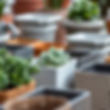 Close-up of various materials used for rectangular flower pots