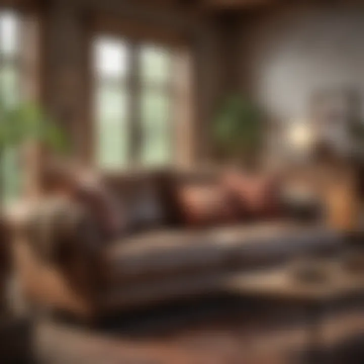 A cozy fabric sofa loveseat set in a rustic setting