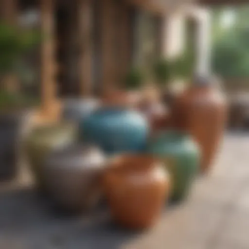 A vibrant assortment of outdoor pottery showcasing various styles and colors