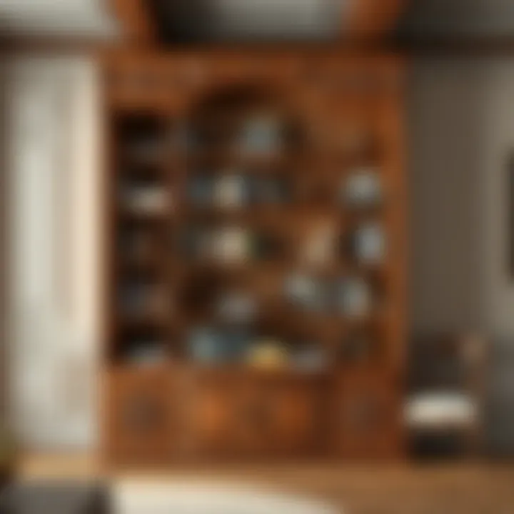 Vintage-inspired bookcase with intricate carvings and a warm finish