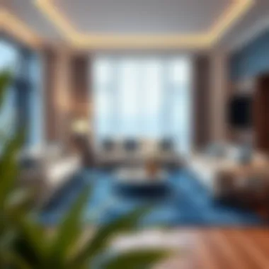 Living room design incorporating a solid blue rug