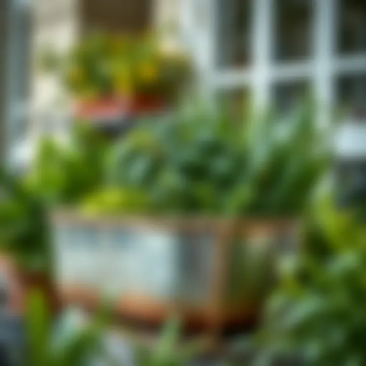 Stylish metal planter showcasing a variety of herbs