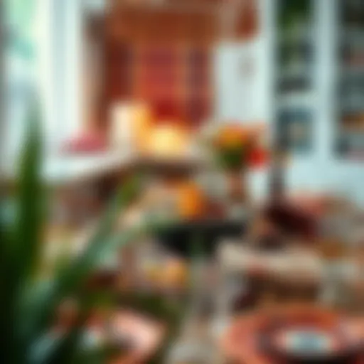 A beautifully arranged Boho tabletop featuring vibrant textiles and eclectic decor pieces.