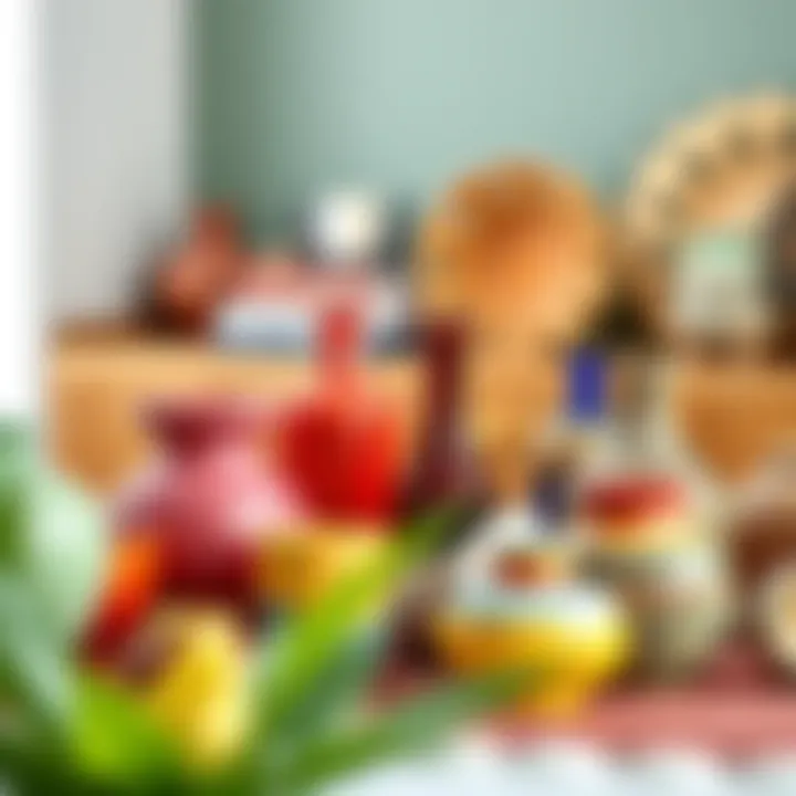 Colorful Ceramics and Glassware Display A collection of colorful ceramics and glassware that embody the Boho aesthetic on a tabletop.