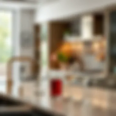 A stylish kitchen featuring various break proof glasses integrated into the decor.