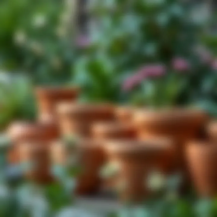 A selection of different sizes of clay pots arranged in a garden setting