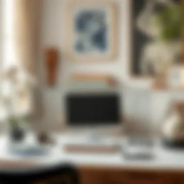 An artistic home office setup incorporating a clear desk protector and decorative elements.