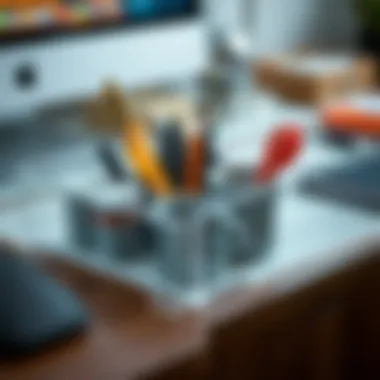A close-up view of a clear desk protector with organized stationery items, highlighting efficiency.