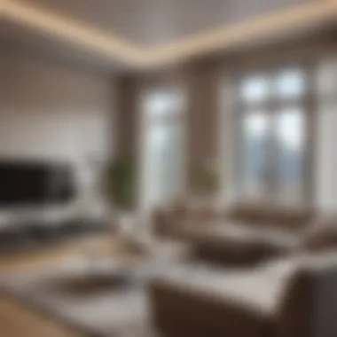 Modern Living Room with Smart Lighting A sleek modern living room featuring smart light bulbs.