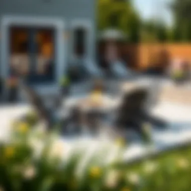 Chic Patio Arrangement with Adirondack Chairs Modern patio featuring dark grey plastic Adirondack chairs arranged around a fire pit