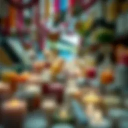 Diverse assortment of candles in a vibrant marketplace