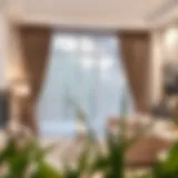 Elegantly draped taupe rod pocket curtains in a sophisticated living room