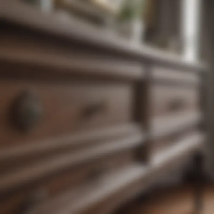 Close-up view of dresser drawer details and sleek mirror frame