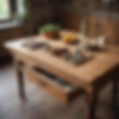 Rustic wooden kitchen table featuring built-in drawers