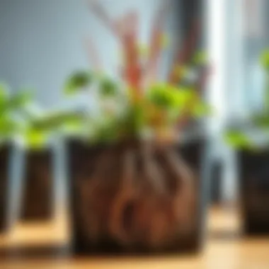 Close-up of plant roots thriving in a large square plastic pot