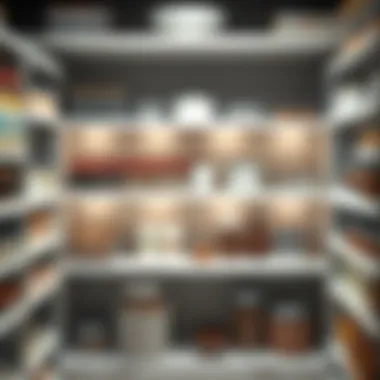 Optimal Space Utilization in Pantry Shelving Pantry shelves arranged for optimal space utilization.