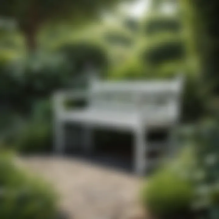 Elegant small outdoor garden bench surrounded by lush greenery