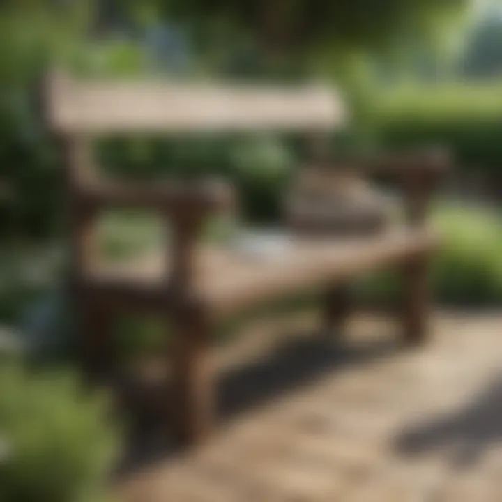 Rustic wooden garden bench set in a tranquil outdoor setting