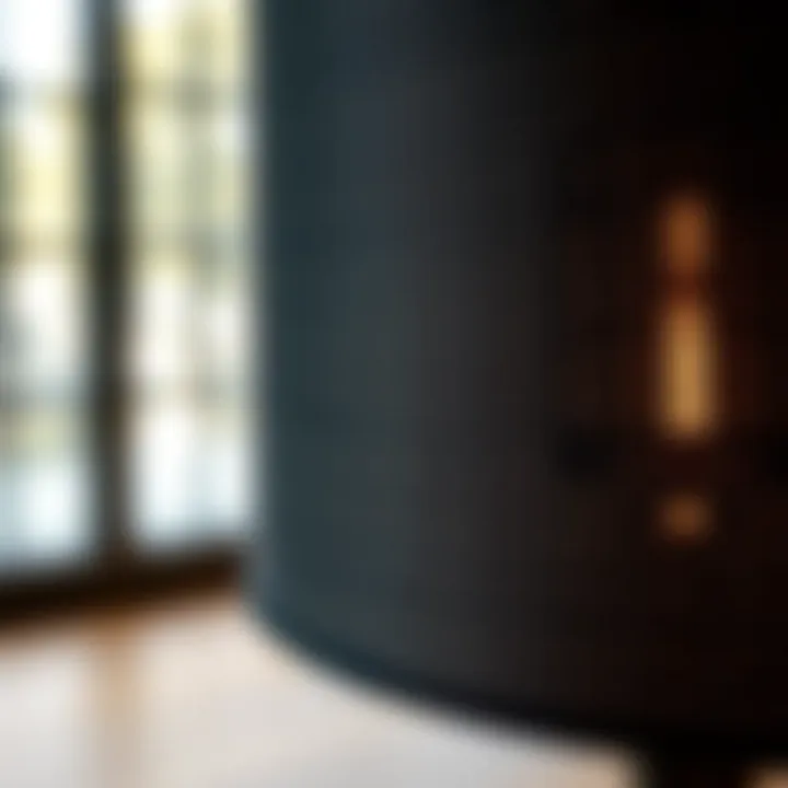 Close-up of a textured black cylinder lamp shade showcasing material details