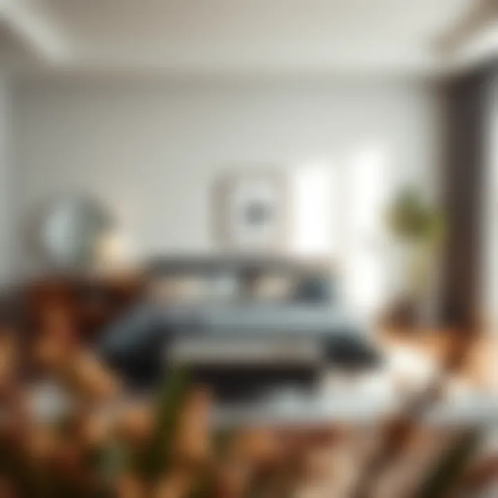 Contemporary bedroom showcasing a king size bed with built-in side tables and minimalist decor