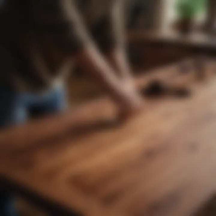 Craftsman working on a walnut table highlighting woodworking techniques