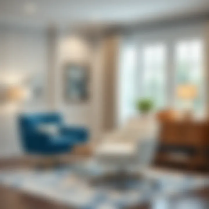 Stylish blue and white swivel chair paired with contemporary decor