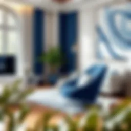 Elegant blue and white swivel chair in a modern living room setting