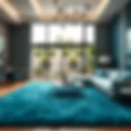 Luxurious blue green shag rug enhancing a modern living room interior