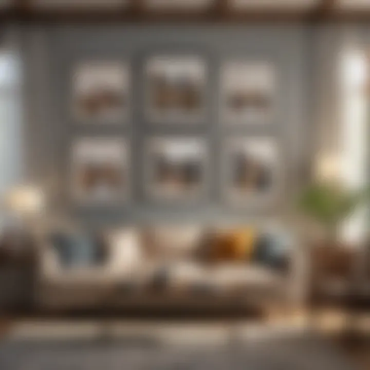 Artistic arrangement of various 5x7 picture frames in a cozy living room