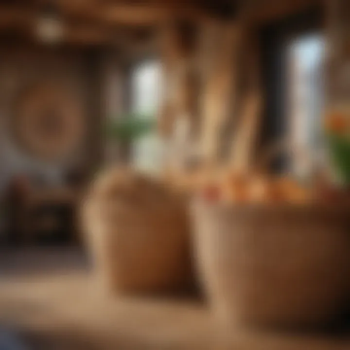 Cultural display of extra large straw baskets in an artisan market setting.