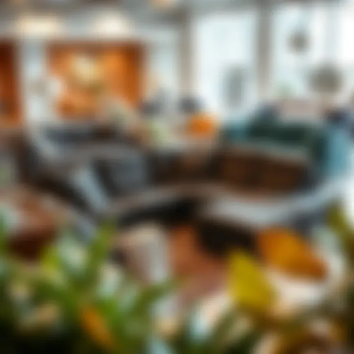 Different styles of microfiber suede sectional couches displayed in a showroom