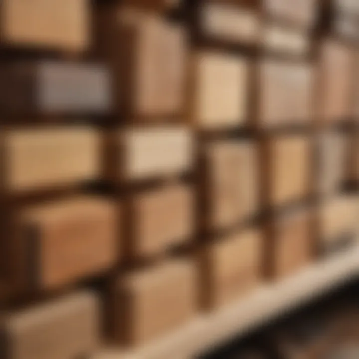 An array of different wood block tops in various finishes displayed in a furniture showroom.