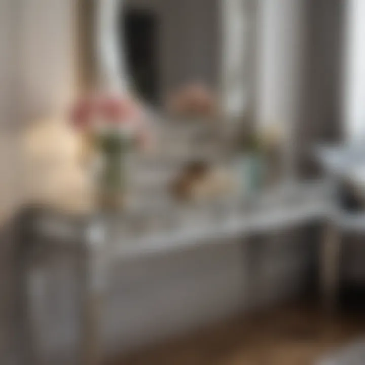 Close-up of decorative elements on a mirrored console table enhancing aesthetics