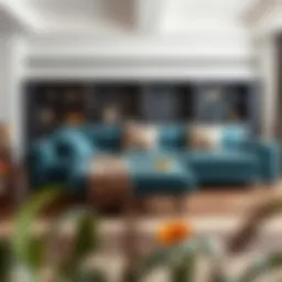 Elegant teal pull-out couch in a modern living room setting