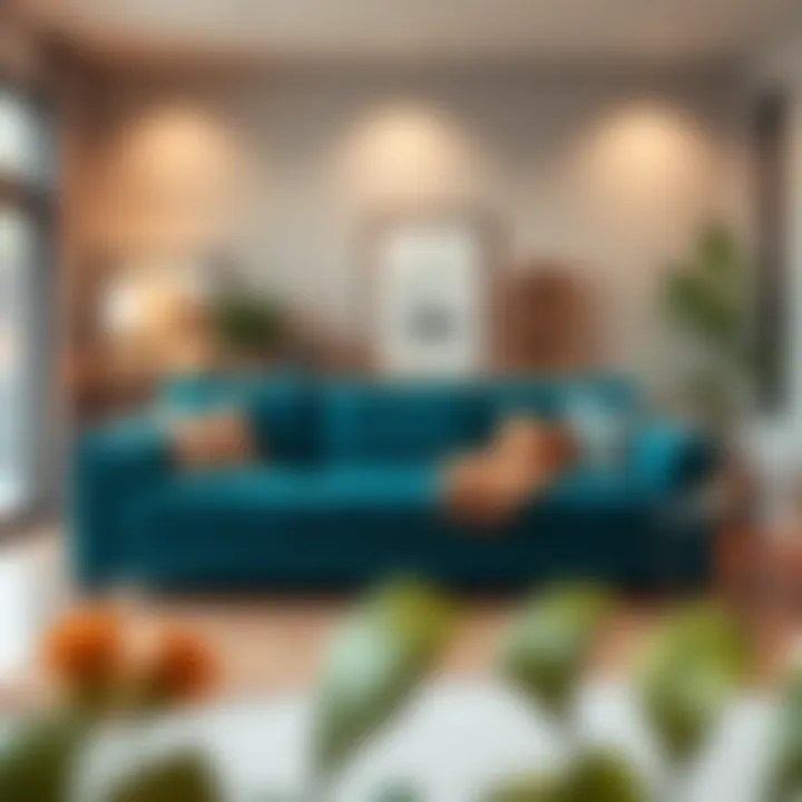 Stylish interior design featuring a teal pull-out couch