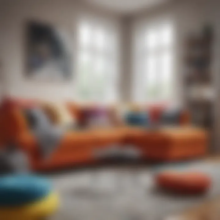 A cozy living room featuring colorful large seat pads