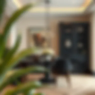 Stylish Dining Area with Mesh Cabinet Accents A stylish dining area featuring mesh cabinet doors