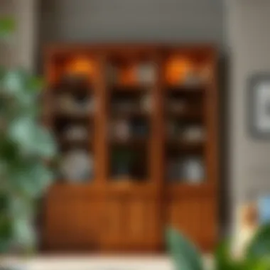 Stylish Glass Door Bookshelf Display Stylish glass door bookshelf cabinet filled with assorted books and decorative items