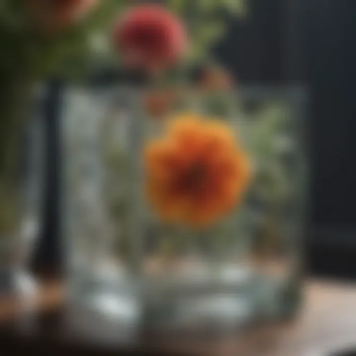 Close-up of a detailed glass floral container with intricate design