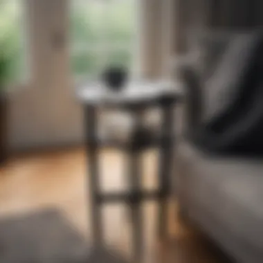 A cozy reading nook featuring a small black table stand