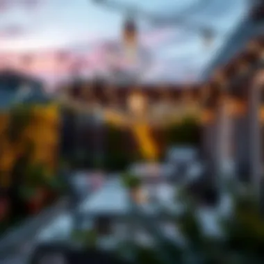 Outdoor setting with cordless hanging lights creating a warm atmosphere