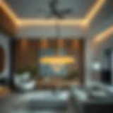 Stylish cordless hanging light illuminating a modern living room