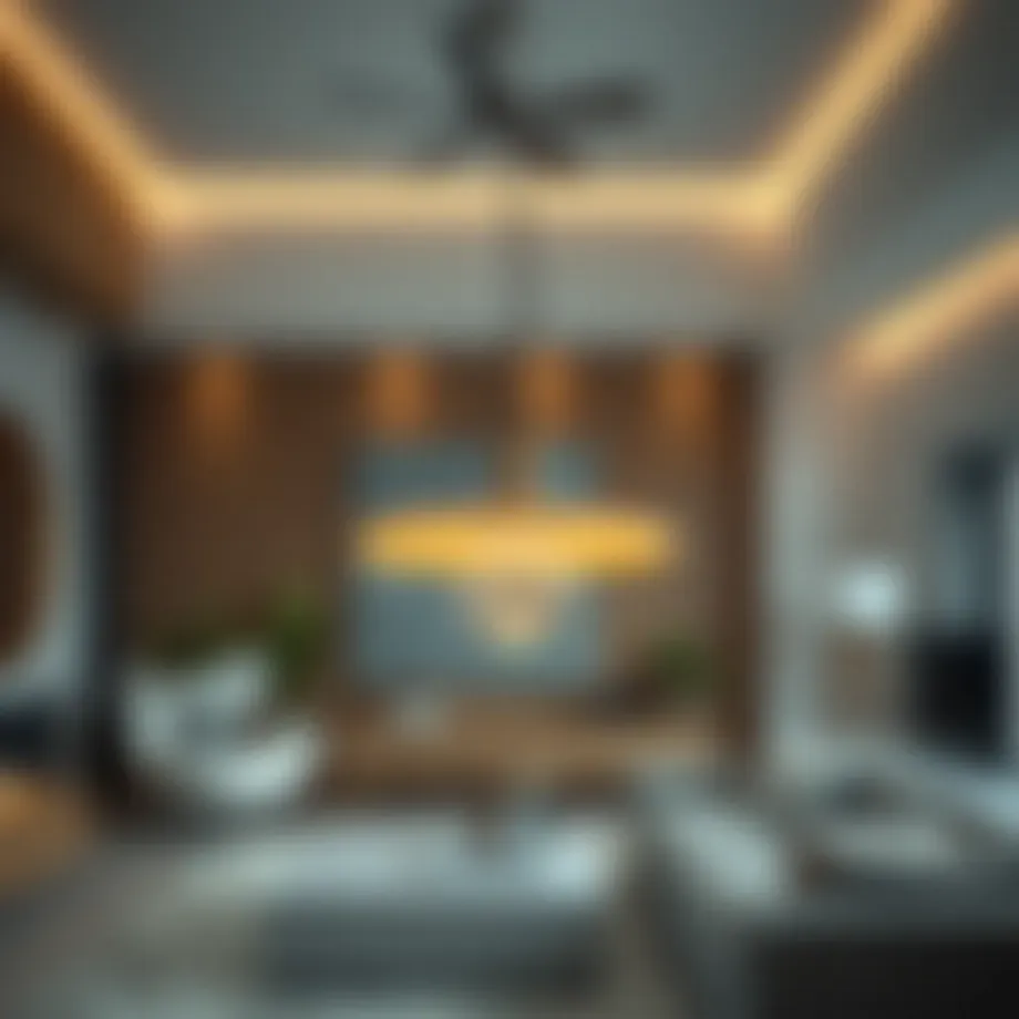 Stylish cordless hanging light illuminating a modern living room