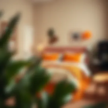 Cozy Bedroom with Orange Accents A cozy bedroom featuring an orange queen bedskirt with complementary decor