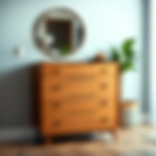 A modern wooden dresser with sleek lines and minimalist design