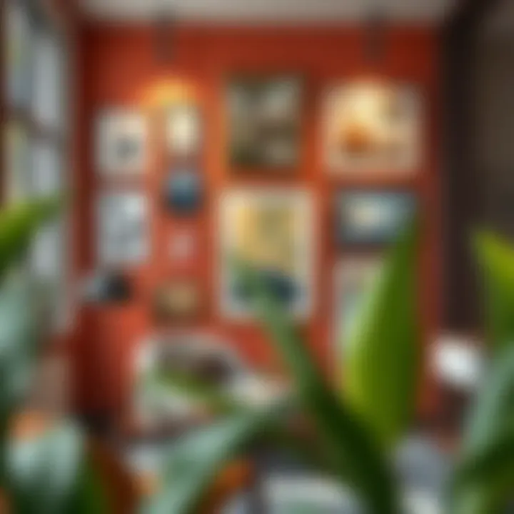 Vibrant gallery wall featuring various framed artworks